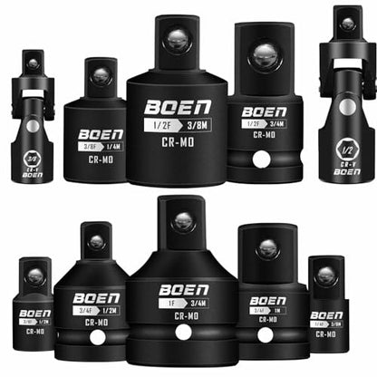 BOEN 10-Piece Impact Socket Adapter and Reducer Set, Standard SAE 1/4" 3/8" 1/2" 3/4", CR-MO Steel Driver & Wrench Conversion Kit Socket Reducer with 3/8" & 1/2" Universal Joint - size: 10 Piece