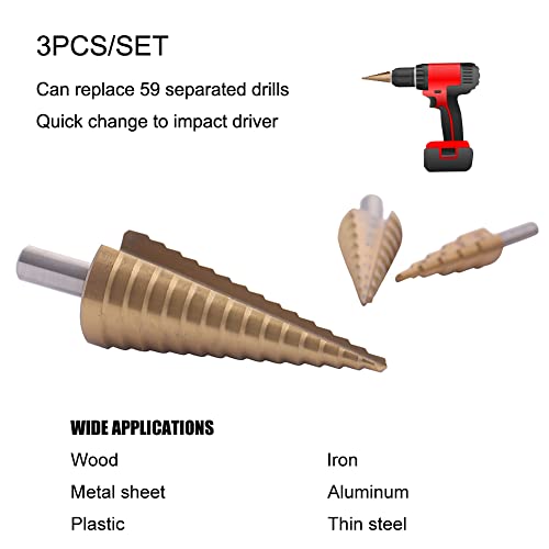 Step Drill Bit Set 3Pcs, Titanium Coated Double‑Cutting Blades