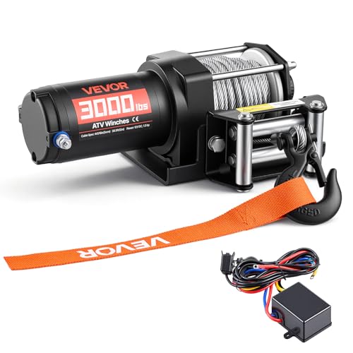 VEVOR 3000 lbs Electric Winch, 12V DC ATV/UTV Winch with Φ3/16 in x 39.4 ft Steel Wire Rope & Wired Remote Control, IP55 Waterproof, Aluminum Housing Fairlead Mount Plate for Towing ATV, Black - size: 3000lbs