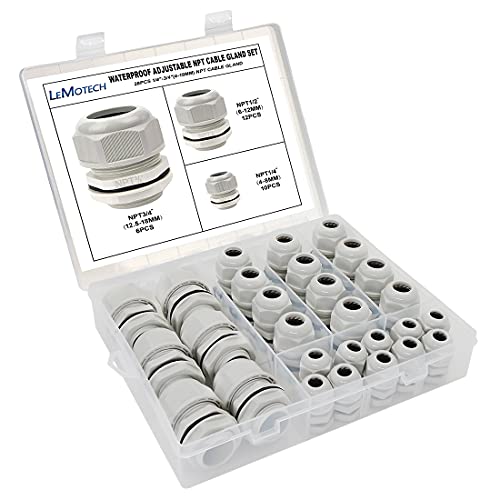 LeMotech 28 Pack NPT 1/4" 1/2" 3/4" Cable Glands Kit Waterproof Adjustable 4-18mm Cable Connectors Grey Nylon Joints with Gaskets in PP Box - color: Grey, size: 1/4inch, 1/2inch, 3/4inch 28-pack