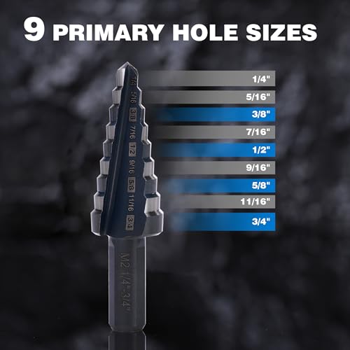 M2 HSS Step Drill Bit Unibit, 1/4"-3/4", Metal Wood Plastic - size: 1/4" to 3/4"