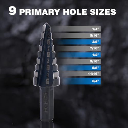 M2 HSS Step Drill Bit Unibit, 1/4"-3/4", Metal Wood Plastic - size: 1/4" to 3/4"