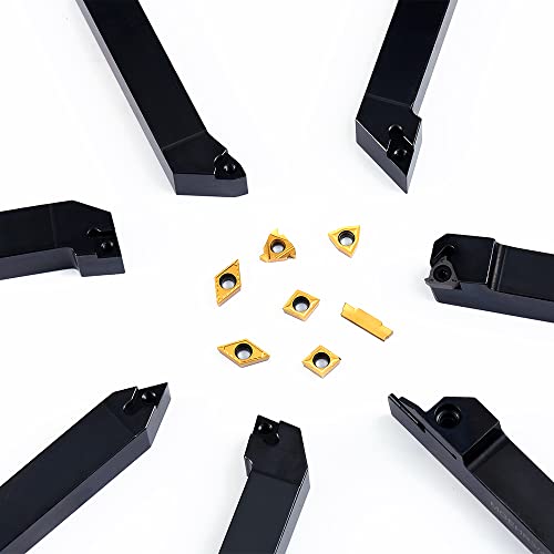 Indexable Lathe Turning Tool-3/4" Shank 7 Pieces Carbide Turning Tool Set,CNC Heavy-Duty Metal Lathe Cutting Tools for Turning Grooving Threading Cutting with Tin Coated Carbide Inserts
