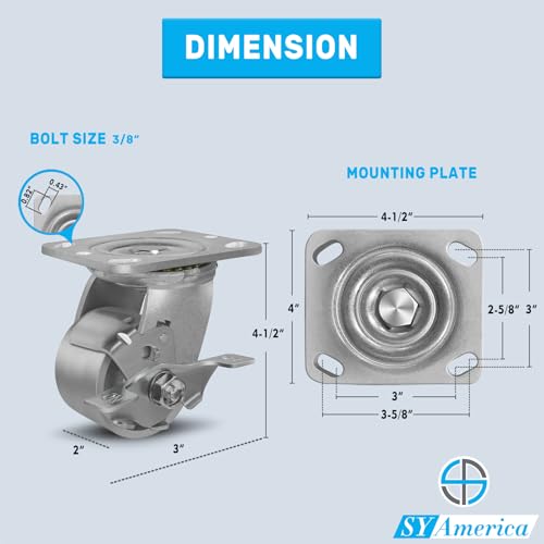 SY America 3" X 2" Cast Iron Caster Wheels,Set of 4 Heavy Duty Industrial Casters, Load Capacity 2800 lbs,Perfect Toolbox Caster Wheels-2 Brake & 2 Rigid - color: 2 Brake & 2 Rigid, size: 3" Wheel