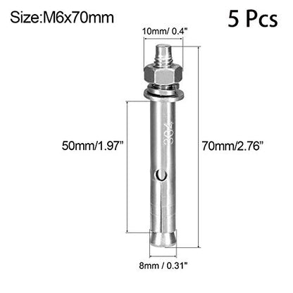 5 Pcs M6 x 70mm 304 Stainless Steel Expansion Bolt External Hex Expansion Screw Bolt Sleeve Anchor，Pool-Safety-Cover Expansion Bolts，for Concrete - size: M6x70mm