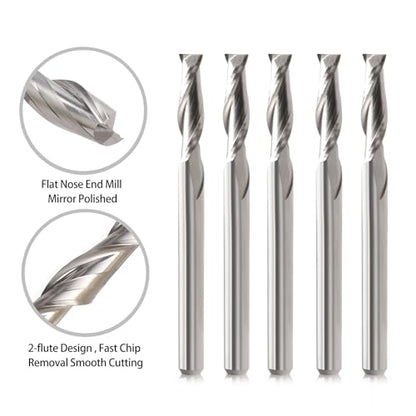 CNC Router Bits 1/8" Shank CNC Bit End Mill 1/32" Cutting Dia Flat Nose Carbide Endmill Two Flute Spiral Upcut Milling Cutter Tool Set for Wood PVC MDF Hardwood (1/32 in, 5) - size: 1/32 in