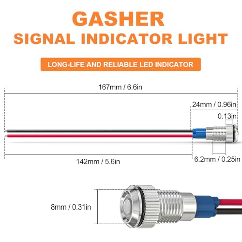 GASHER 5 PCS Energy Saving Indicator Light, LED Light 12V/24V/110V 20mA Panel Mount Light, Mounting Hole Size 8mm(5/16inch) White LED (12V) - color: White, size: 8MM（12V）