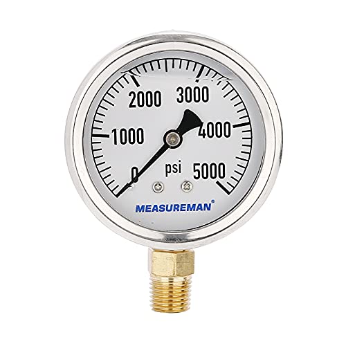 MEASUREMAN 2-1/2inch Dial Size, Glycerin Filled Plumbing Pressure Gauge, 0-5000psi, Stainless Steel Case, 1/4inchNPT Lower Mount - size: 0-5000 psi, style: Lower Mount