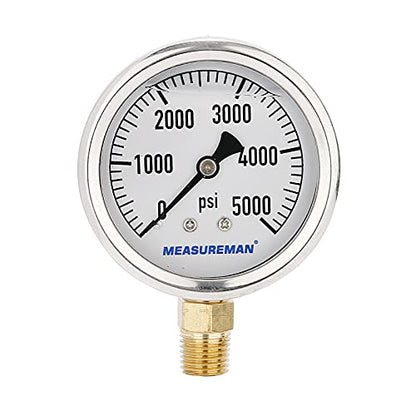 MEASUREMAN 2-1/2inch Dial Size, Glycerin Filled Plumbing Pressure Gauge, 0-5000psi, Stainless Steel Case, 1/4inchNPT Lower Mount - size: 0-5000 psi, style: Lower Mount