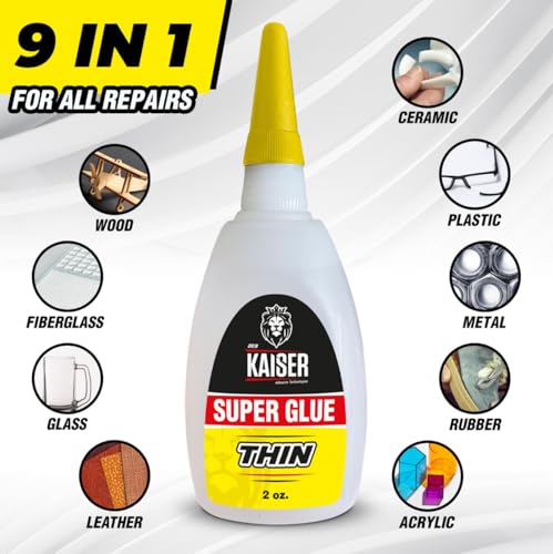Der Kaiser Thin CA Super Glue (2 oz) – Industrial Grade Cyanoacrylate – 5-10 Sec Cure – Pro Kit with Microtips & Applicators – Wood, Plastic, Metal, Hobby Models, Woodworking, DIY – 2,500-3,500 PSI - size: 2 oz