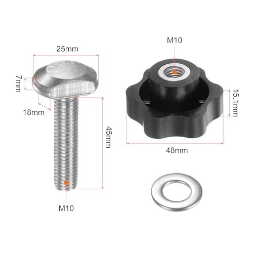 HARFINGTON 5Set T Track Bolts Knob Kit M10 x 45mm Threaded Bolts M10 x 48mm Hex Hand Nut Clamping Knob with Washer for Woodworking Jigs and Fixtures, Black - color: Black, size: M10 x 45mm/M10 x 48mm