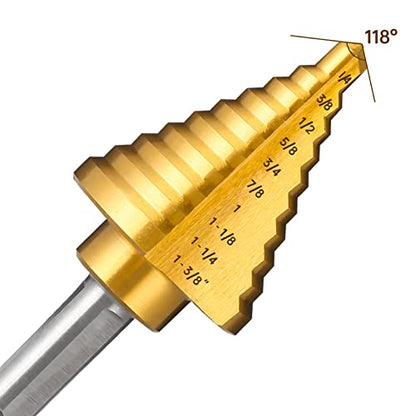 1/4" to 1-3/8" Titanium HSS Step Drill Bit for Metal Unibit - size: 1/4" to 1-3/8"