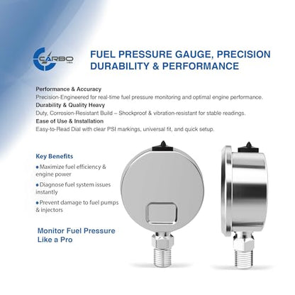1-1/2" Fuel Pressure Gauge, Stainless Steel Case 304, Chrome Plated Brass Connection, Glycerin Filled, 0-60 Psi, Accuracy 3-2-3%, Lower Mount 1/8" NPT - size: 60 PSI, style: Lower Mount