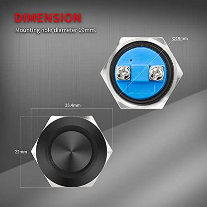 DaierTek 12V 19mm Momentary Horn Push Button Switch Black Metal Waterproof Round Starter Power Switch for RV Truck Boat Marine - 2pcs (Pack of 2) - size: 19mm (Pack of 2)