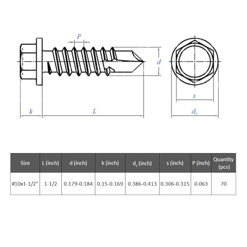 VGBUY 70Pcs #10 x 1-1/2" Self Drilling Screws for Metal,410 Stainless Steel Black Zinc Plated,Self Tapping Sheet Metal Screws,Hex Washer Head - color: Black Hex Washer Head, size: #10 x 1-1/2 inch