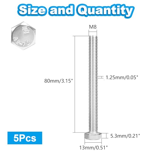 5 Pcs M8 Hex Bolts M8-1.25 x 80mm Hex Head Screw Bolt - size: M8-1.25 x 80mm