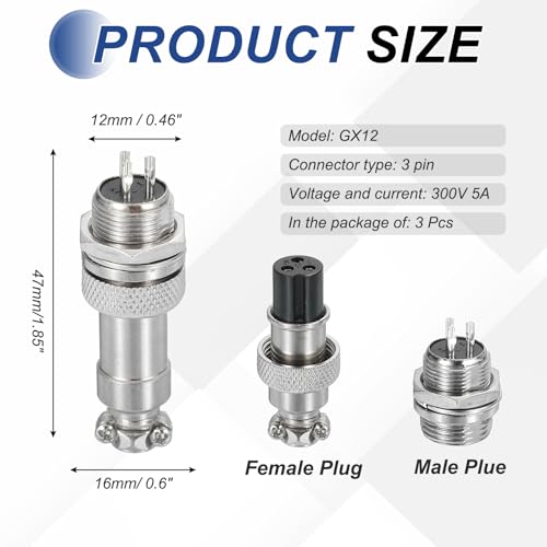 MECCANIXITY 3Pcs 3 Pin GX12 Aviation Plug Connector 125V 5A Metal Circular Plug Connector with Male Female Plug Wire Connector 12mm Socket, Silver - style: 3 Pin