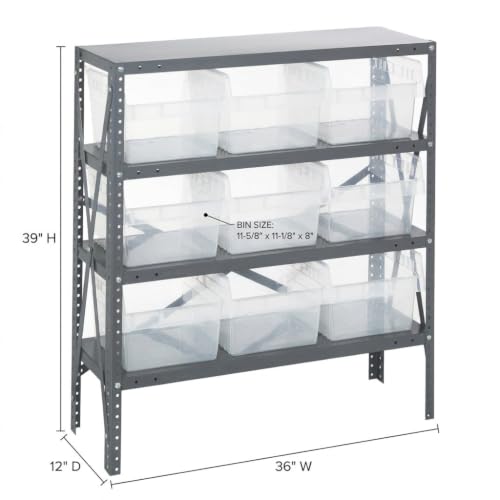 Quantum Storage 1239-SB809 Store-Max Steel Shelf Bin Organizer System, 9 8"H Hopper-Front Bins, 4-Shelf Unit, 400 lb Per Shelf, for Warehouse, Shop, Garage & Stockroom, 12"D x 36"W x 39"H, Clear - size: 39" H x 36" W x 12" D, style: 12" L x 12" W x 8" H 9