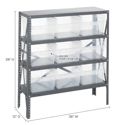 Quantum Storage 1239-SB809 Store-Max Steel Shelf Bin Organizer System, 9 8"H Hopper-Front Bins, 4-Shelf Unit, 400 lb Per Shelf, for Warehouse, Shop, Garage & Stockroom, 12"D x 36"W x 39"H, Clear - size: 39" H x 36" W x 12" D, style: 12" L x 12" W x 8" H 9