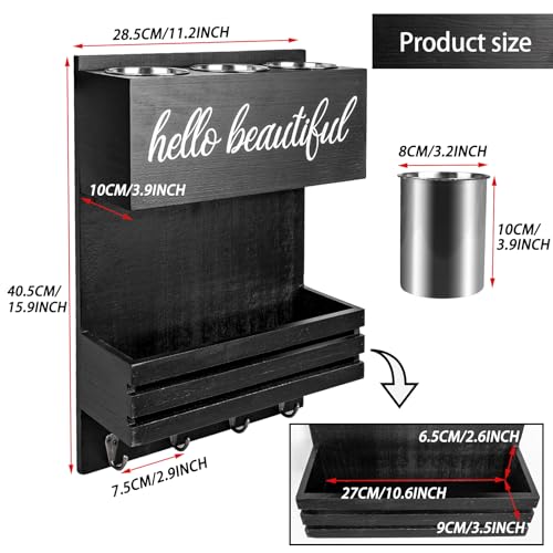 2Tier Black Wooden Hair Dryer Holder Wall-Mounted Organizer - color: black