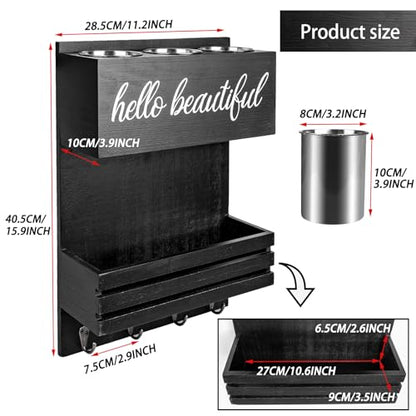 2Tier Black Wooden Hair Dryer Holder Wall-Mounted Organizer - color: black