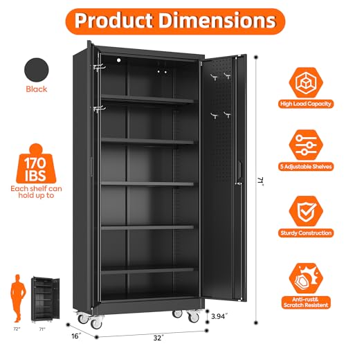 71" Metal Storage Cabinet with Wheels, 5 Adjustable Shelves, Black - color: Black, size: 16"D x 32"W x 71"H