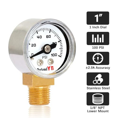 1 Inch Mini Pressure Gauge, 0-100 PSI Gauge, 1/8” NPT Lower Mount, Stainless Steel Case, Brass Internal, ±2.5% Accuracy, Pressure Gauge for Coffee Machines, Air Compressors, and Water Pumps - size: 0-100 PSI, style: Lower Monut