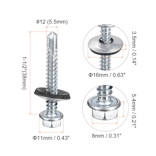uxcell #12 x 1-1/2" Self Drilling Screws with Rubber Washer, 100pcs Zinc Plated Steel Roofing Screws Hex Head Self Tapping Screws with EPDM Washer for Metal to Metal - size: #12 x 1-1/2"