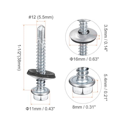 uxcell #12 x 1-1/2" Self Drilling Screws with Rubber Washer, 100pcs Zinc Plated Steel Roofing Screws Hex Head Self Tapping Screws with EPDM Washer for Metal to Metal - size: #12 x 1-1/2"