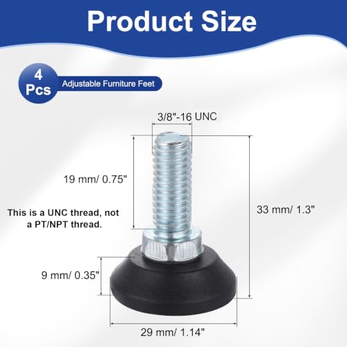uxcell 3/8"-16 Thread Furniture Feet Levelers, 4Pcs 19mm l Adjustable Furniture Feet Screw in Threaded Leveling Leg Screw on Chair Foot Glides Leveling for Table Chair Cabinet Black - size: 3/8"-16 19mm