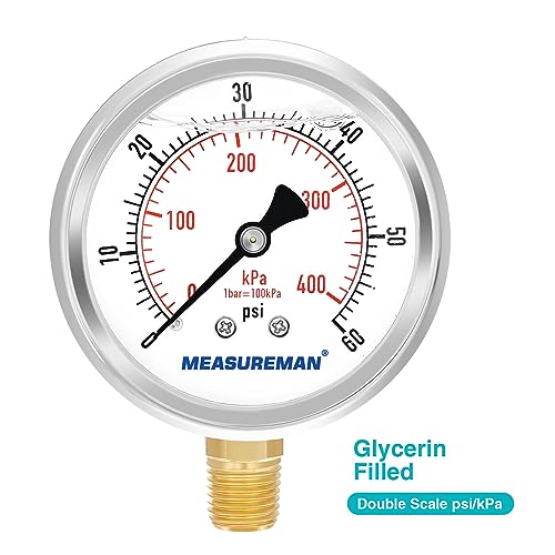 MEASUREMAN 0-60psi/kpa Liquid Filled Pressure Gauge with Brass Gauge Adaptor 1/4NPT Female，2-1/2 OAL x 1-2/5" x 1/8" Probe with Stainless Steel Sheath，Pressure Test Kit - size: 2.5 inches