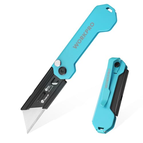 WORKPRO EDC Folding Utility Knife, Mini Box Cutter with Quick Open Axis Lock, Quick Change Blade Razor Knife, Foldable Small Pocket Knife with Belt Clip - color: Blue