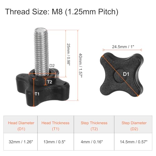 HARFINGTON 6pcs Star Clamping Knobs M8 x 25mm Metric Male Thread 32mm 4-Point Plastic Head Threaded Stud Knob Hand Tightening Thumb Screw Jig Handle, Black - size: M8 x 25mm x 32mm