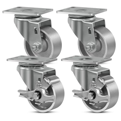 SY America 3" Heavy Duty Casters Set of 4,Cast Iron Semi-Steel Caster Wheels,Metal Industrial Casters,1400 LB Capacity-2 Brake & 2 Swivel - style: 3" Wheel