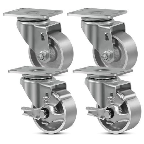 SY America 3" Heavy Duty Casters Set of 4,Cast Iron Semi-Steel Caster Wheels,Metal Industrial Casters,1400 LB Capacity-2 Brake & 2 Swivel - style: 3" Wheel