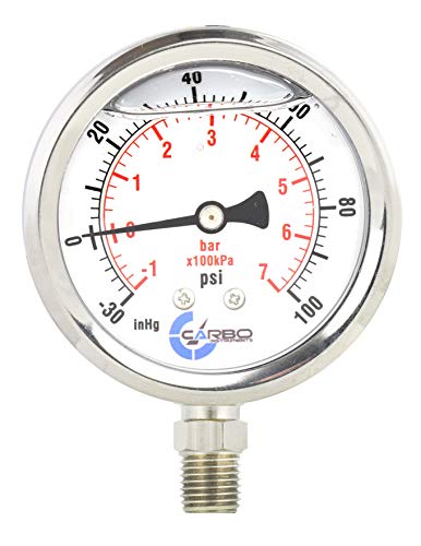 1-1/2" Pressure Gauge, Stainless Steel Case, Chrome Plated Brass Connection, Lqiuid Filled, Compound Vacuum -30 Hg - 0-100 psi Lower Mount 1/8" NPT - style: -30 / 0 / +100 inHg/psi