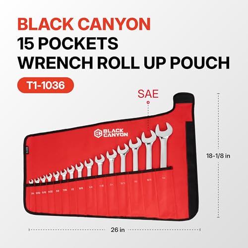 BLACK CANYON Wrench Roll Up Pouch, Waterproof, Wear-Resistant, Wrench Roll with Handle, Wrench Organizer for Manufacturing, Construction - size: 15 Pockets SAE