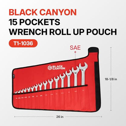 BLACK CANYON Wrench Roll Up Pouch, Waterproof, Wear-Resistant, Wrench Roll with Handle, Wrench Organizer for Manufacturing, Construction - size: 15 Pockets SAE