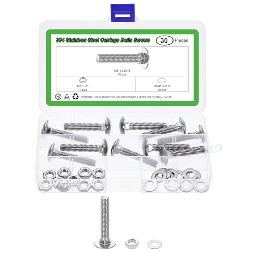 uxcell 10 Set Carriage Bolts and Nuts Kit, M8-1.25x45 Stainless Steel 304 Round Head Square Neck Carriage Bolts Screws and Hex Nuts and Flat Washers - Silver - size: M8-1.25x45mm