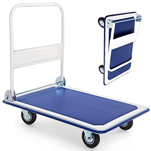 IRONMAX Foldable Push Hand Dolly with Swivel Wheels, 660 LBS Load Capacity - style: Blue+White 660lbs