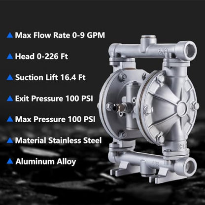 Double Diaphragm Pump Air Operated 1/2 inch Inlet/Outlet Pneumatic Waste Oil Transfer Pump for Chemical QBK-15P 9 GPM Dual Diaphram Polypropylene Nitrile Rubber by Stainless Steel Iron 120 PSI - style: 0.5 INCH PORT