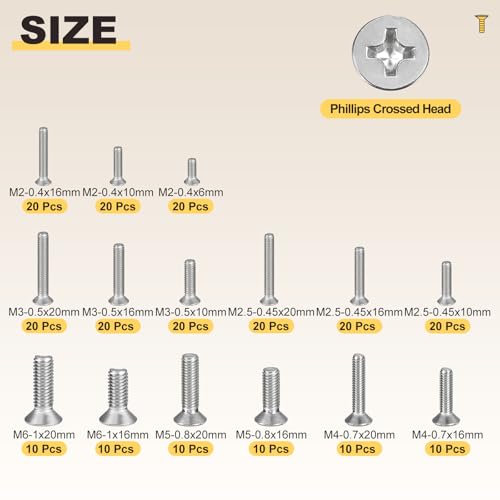 METALLIXITY M2-M6 240Pcs Countersunk Machine Bolt Assortment Set 304 - size: M2M2.5M3M4M5M6