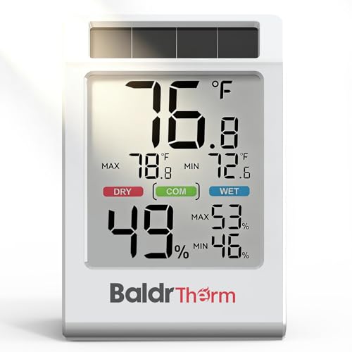 BALDR Solar Indoor Thermometer Hygrometer, Max/Min, Comfort Meter (White) - color: White