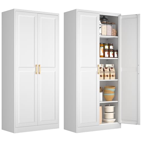 Polup 71" White Metal Kitchen Pantry Storage Cabinet with Doors and Shelves - color: White, size: 71"H with No Drawers
