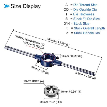 Die Stock Handle Set, 1/2-28 UNEF Thread Die & Fit 26mm-38mm OD / M12-M16 Die Wrench Tool Kit - (Applications: for Threading Repairing), 1-Set - size: 1/2-28 UNEF