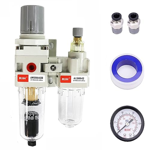 RIH Pneumatics Compressed Air Filter Regulator Lubricator Combo Water/Oil Trap Separator - Gauge(0-150 psi), Semi-Auto Drain, Poly Bowl,Bracket - 3 in 1 Two Unit (1/4“ NPT Auto Drain) - size: 1/4“ NPT Auto Drain