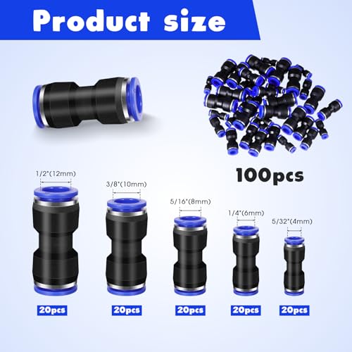 100 Pcs Quick Connect Air Hose Fittings, 5 Sizes Air Line Push to Connect Fittings Kit Quick Release Pneumatic Connectors Plastic Straight Tube Connector (2 Way, 4 6 8 10 12 mm)