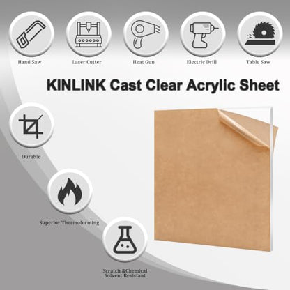 KINLINK 12x12 Plexiglass Sheets 1/4 inch Thick, 6mm Clear Cast Acrylic Sheet, Plastic Board for DIY Project, Craft, Window Glass, Table top, Picture Frame, Acrylic Sign and Wedding Invitation 2 Pack