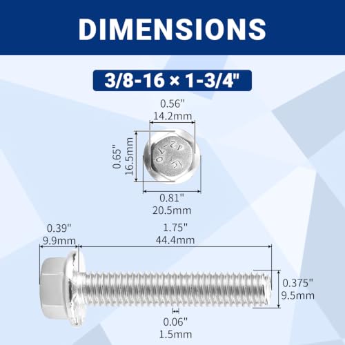 3/8-16 x 1-3/4" Flanged Hex Bolts (10 pcs), 18-8 (304) Stainless Steel, External Hex Drive, Hexagon Head Bolts Screws with Flange Washer, Fayeploo - color: Silver, size: 3/8-16 x 1-3/4