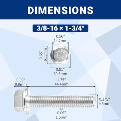 3/8-16 x 1-3/4" Flanged Hex Bolts (10 pcs), 18-8 (304) Stainless Steel, External Hex Drive, Hexagon Head Bolts Screws with Flange Washer, Fayeploo - color: Silver, size: 3/8-16 x 1-3/4
